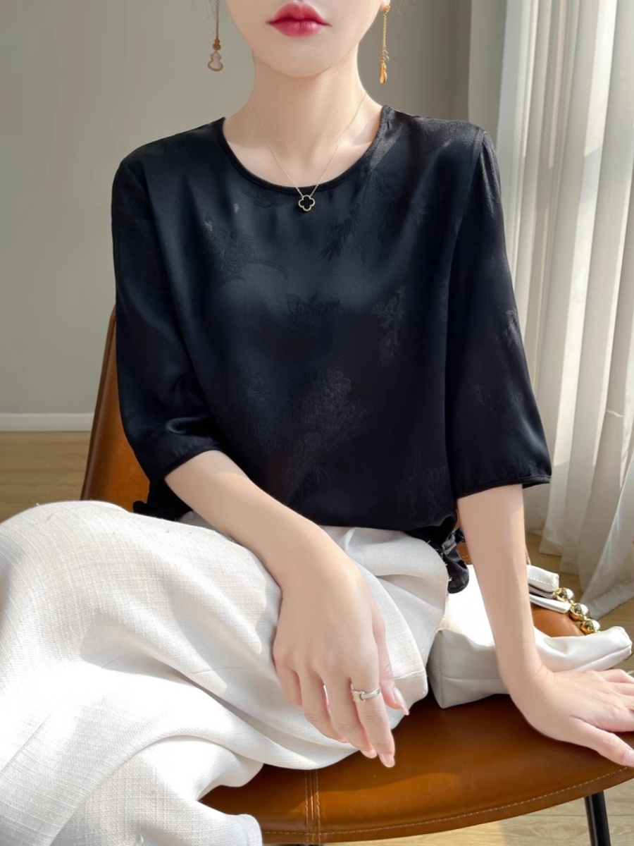 五分袖韩版醋酸纯色缎面衬衫