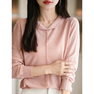 2026春季新款薄款长袖t恤宽松翻领娃娃脸针织衫显瘦羊毛打底上衣