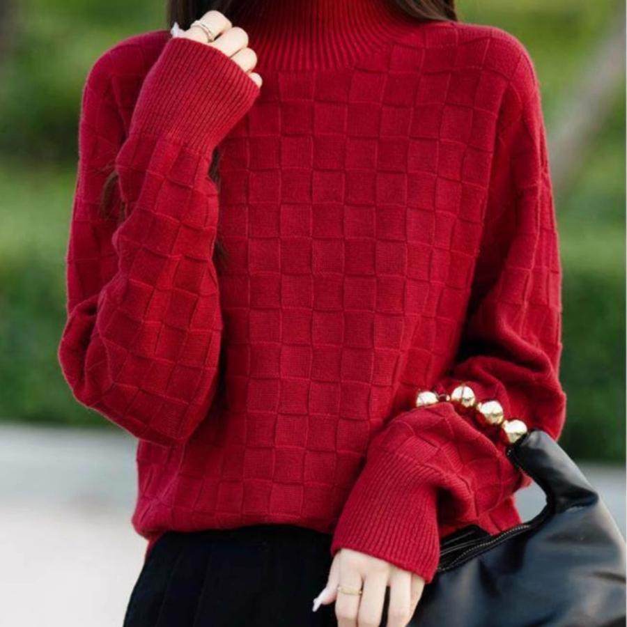 棋盘格纹提花纯棉线针织打底衫女半高领毛衣加厚宽松内搭显瘦上衣
