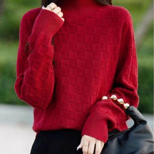 棋盘格纹提花纯棉线针织打底衫女半高领毛衣加厚宽松内搭显瘦上衣