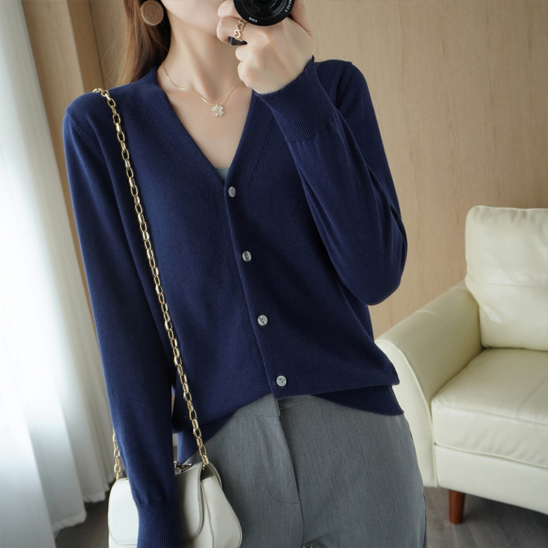 长袖v领纯棉线短款外搭针织开衫