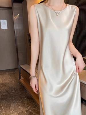 连衣裙醋酸纯色圆领吊带裙