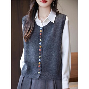 针织开衫 新款 复古马夹坎肩背心叠穿上衣 马甲女毛衣冬季 文艺无袖