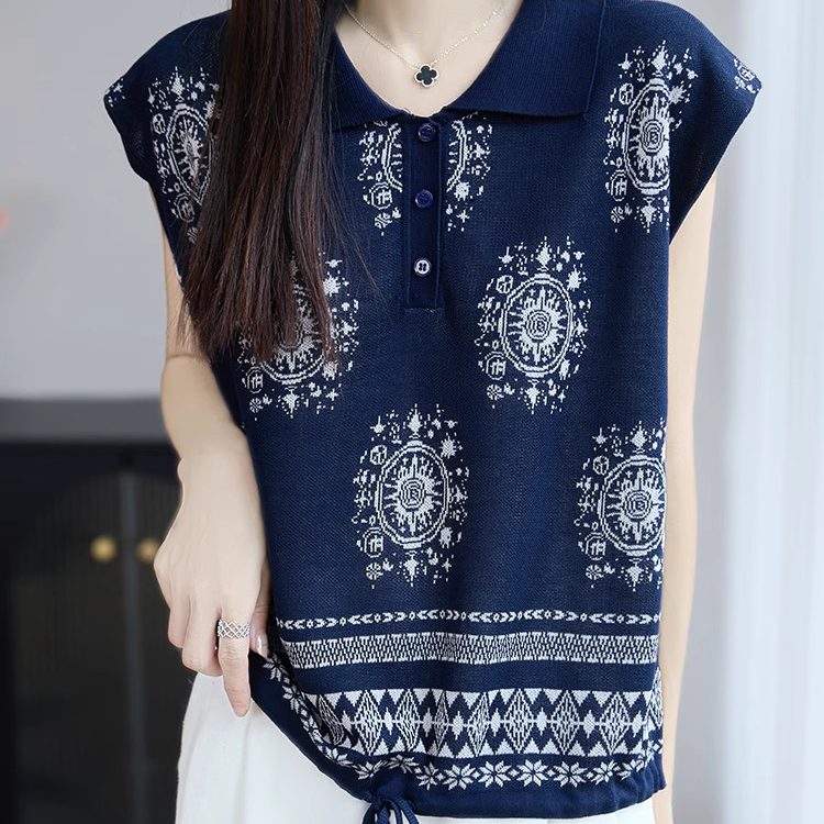 提花翻领无袖上衣宽松背心女2025新款洋气小个子薄款冰丝针织短袖