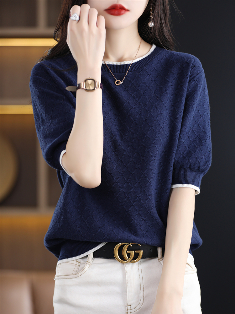 纯棉线针织短袖女拼色镂空