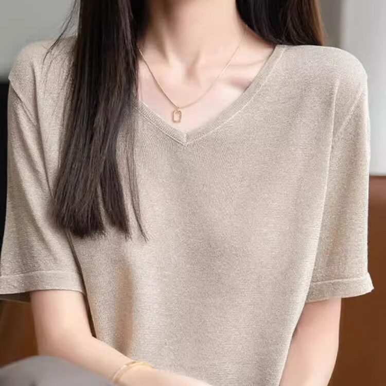 夏季冰丝凉感V领显瘦针织T恤图片