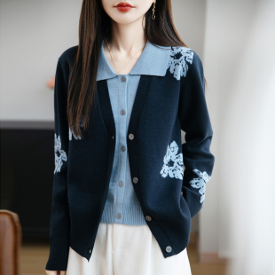 时髦提花撞色假两件针织开衫女款春装韩系气质长袖polo领羊毛毛衣