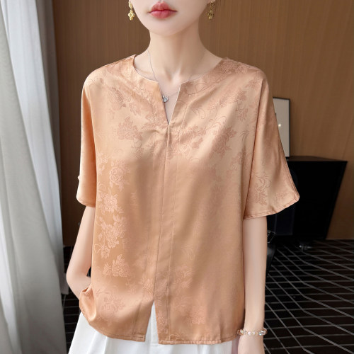 醋酸缎面V领开衫短袖女装夏季