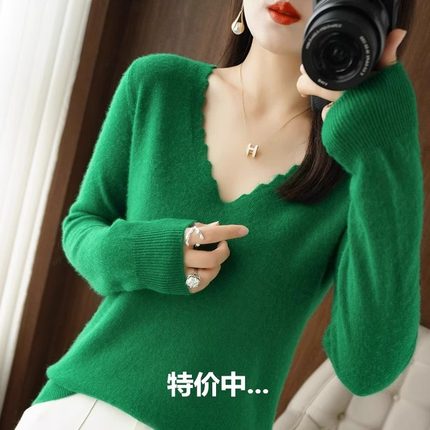 2025春季羊绒衫v领毛衣女宽松慵懒风内搭针织上衣女士打底羊毛衫