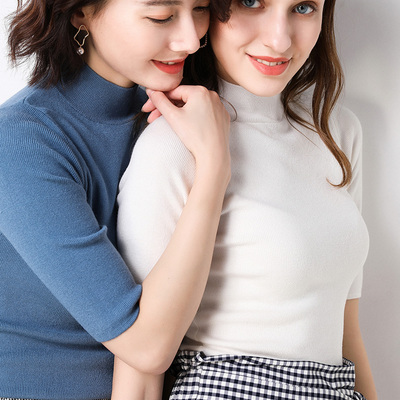 半高领羊毛针织衫短袖秋季