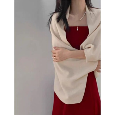 高端羊毛针织披肩女宽松慵懒风旗袍裙子外搭羊绒围巾斗篷外套开衫