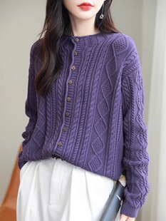 秋季纯棉线麻花圆领针织开衫女宽松短款外套毛衣加厚全棉外搭上衣