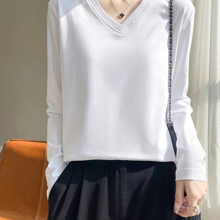 2025春季丝光棉长袖T恤女宽松V领打底衫内搭上衣纯色正肩纯棉长袖