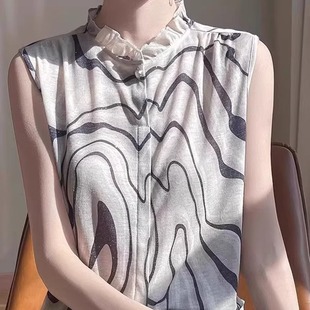花边领秋季 木耳边无袖 印花无袖 背心薄款 内搭上衣甜美减龄女士时尚