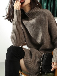 半高领中长款毛衣女装慵懒加厚针织连衣裙秋季长袖宽松外套羊毛衫