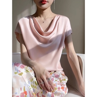 丝绸真丝法式短袖T恤女宽松24秋季丝滑缎面纯色上衣垂褶领桑蚕丝
