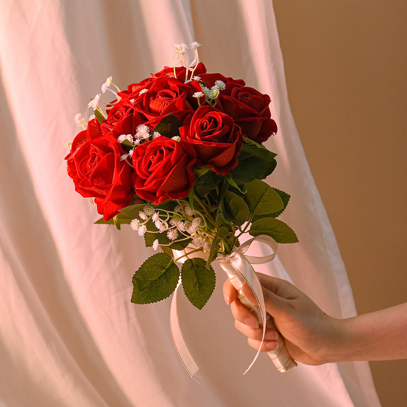 婚礼手捧花领证拍照玫瑰混搭花束新娘婚纱摄影彷真郁金香假花韩式
