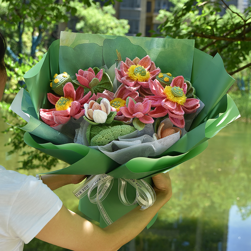 荷花莲花针织花束荷叶莲蓬毛线编织花送女友生日毕业礼物同学闺蜜