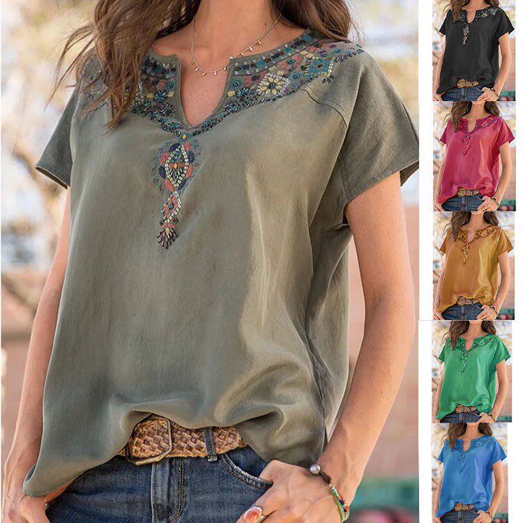 S-5xl Large size summer ethnic style top short sleeve T-shir