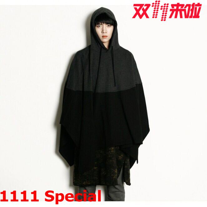 韩版流行斗篷连帽卫衣拼接时尚男大码披风外套M-5XL Cloak fleece