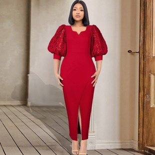 S-4xl large red slit evening dress lantern sleeve Dress大码