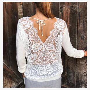 黑色圆领性感后背镂空蕾丝拼接系带长袖 欧美时尚 T恤shirt 新款 春季