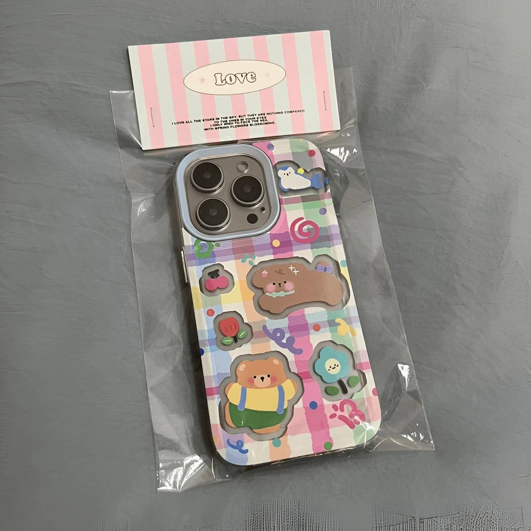 卡通格纹小熊适用苹果16pro手机壳iPhone15promax新款13华为mate70P荣耀200防摔小米14透明vivo全包oppo软k70