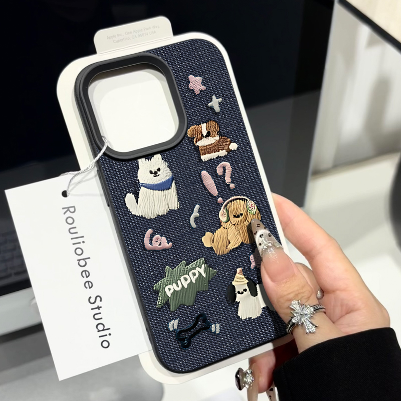 ins牛仔纹小狗适用苹果16promax手机壳iPhone14女新款13皮质软壳12仿针织11可爱荔枝纹15Pro防摔14pro保护套