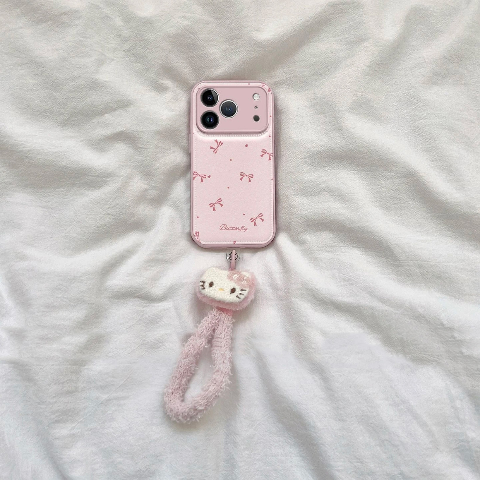 粉小蝴蝶结适用苹果16手机壳iPhone15promax新款17华为mate70荣耀300毛绒手链vivos20卡通oppo小米14糖果气垫