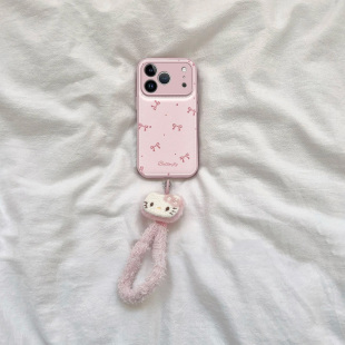 粉小蝴蝶结适用苹果16手机壳iPhone15promax新款17华为mate70荣耀300毛绒手链vivos20卡通oppo小米14糖果气垫