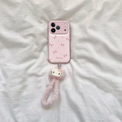 粉小蝴蝶结适用苹果16手机壳iPhone15promax新款17华为mate70荣耀300毛绒手链vivos20卡通oppo小米14糖果气垫