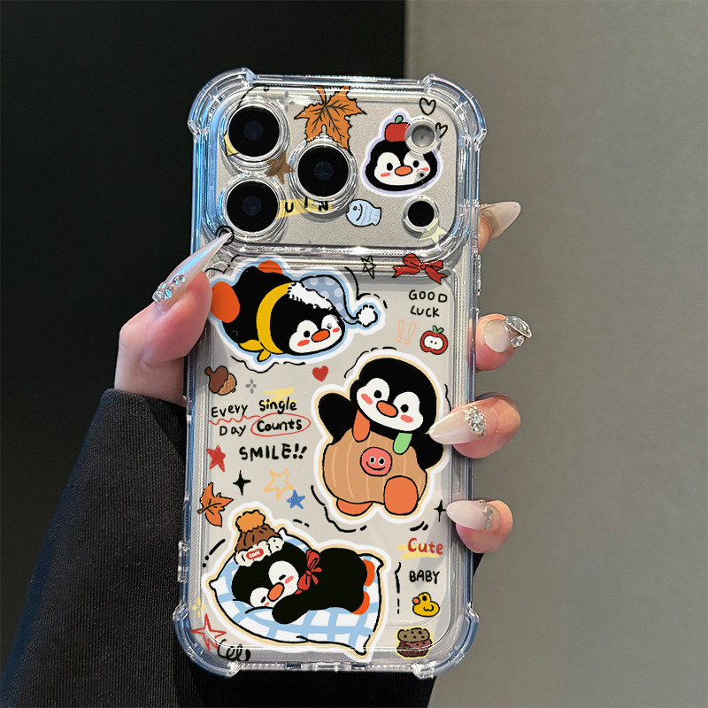 涂鸦企鹅适用iPhone17promax苹果16pro手机壳15华为mate70透明气囊vivox200荣耀400全包13防摔14小米17oppo壳