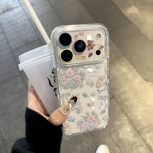 粉玫瑰兔子适用苹果17pro手机壳iPhone15promax新款16pro华为p70荣耀300防摔13小米14透明vivo全包oppo软壳12