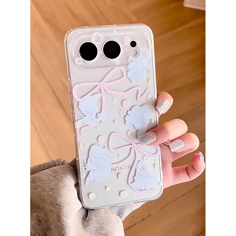 小鱼蝴蝶结适用苹果17pro手机壳iPhone15promax新款16pro华为p70荣耀300防摔13小米14透明vivo全包oppo软壳12