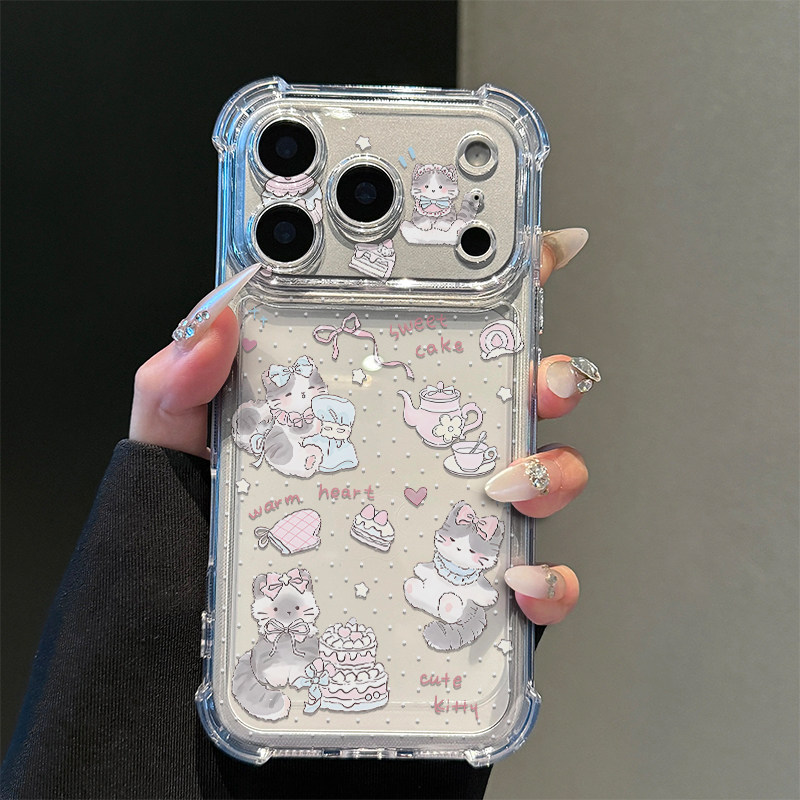 可爱猫猫蛋糕适用iPhone17promax苹果16pro手机壳15华为mate70透明气囊vivox200荣耀400全包防摔14小米17oppo