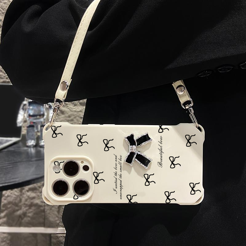 黑蝴蝶结手机壳手提挂绳创意时尚