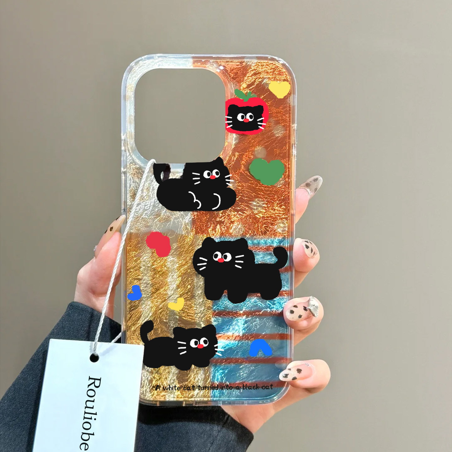 小众高级感渐变拼接黑猫手机壳