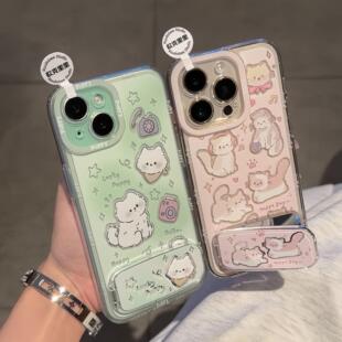 玩耍猫咪镜面支架适用iPhone15promax手机壳苹果14pro新款16promax卡通13PRO趣味12保护套11防摔16plus少女心
