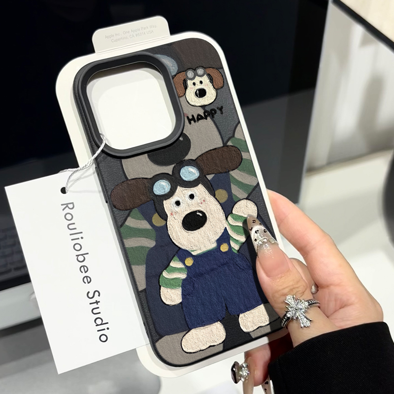 ins韩风掌门狗适用苹果16promax手机壳iPhone14女新款13皮质12时尚网红11小众荔枝纹15Pro防摔14pro软保护套
