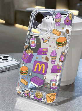 紫色汉堡适用苹果16手机壳iPhone15promax新款13华为mate60荣耀200防摔12小米14透明vivox100全包oppo软壳k70