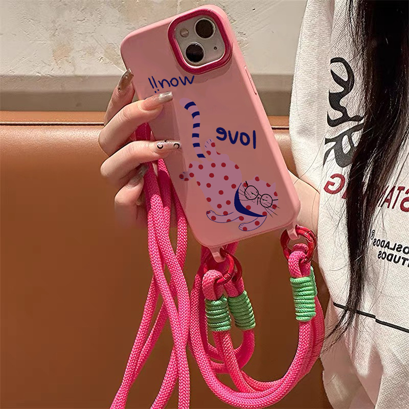 潮牌粉色斑点猫适用苹果13手机壳iphone14promax新款11创意挂绳12女款15promax软硅胶防摔苹果13保护套15时尚