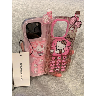 甜酷豹纹kitty猫蝴蝶结适用iPhone15promax大哥大手机壳苹果14pro新款16promax创意13大孔12保护套11防摔17女