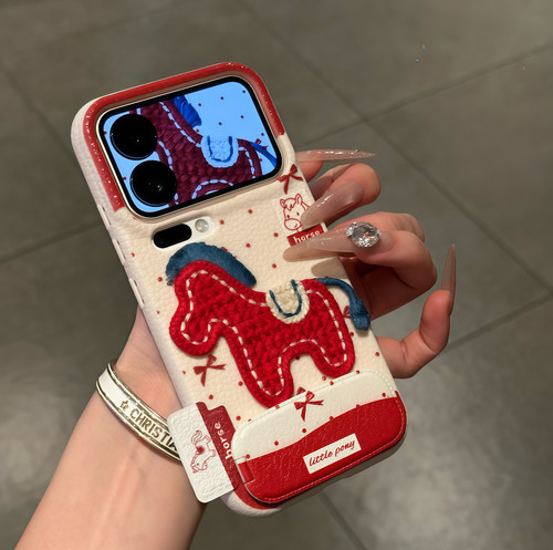 可爱刺绣小马支架皮纹手机壳防摔