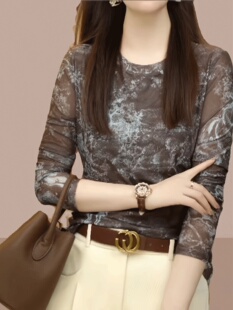 时尚 印花网纱显瘦打底上衣 t恤女2025春秋新款 韩国洋气高级感长袖