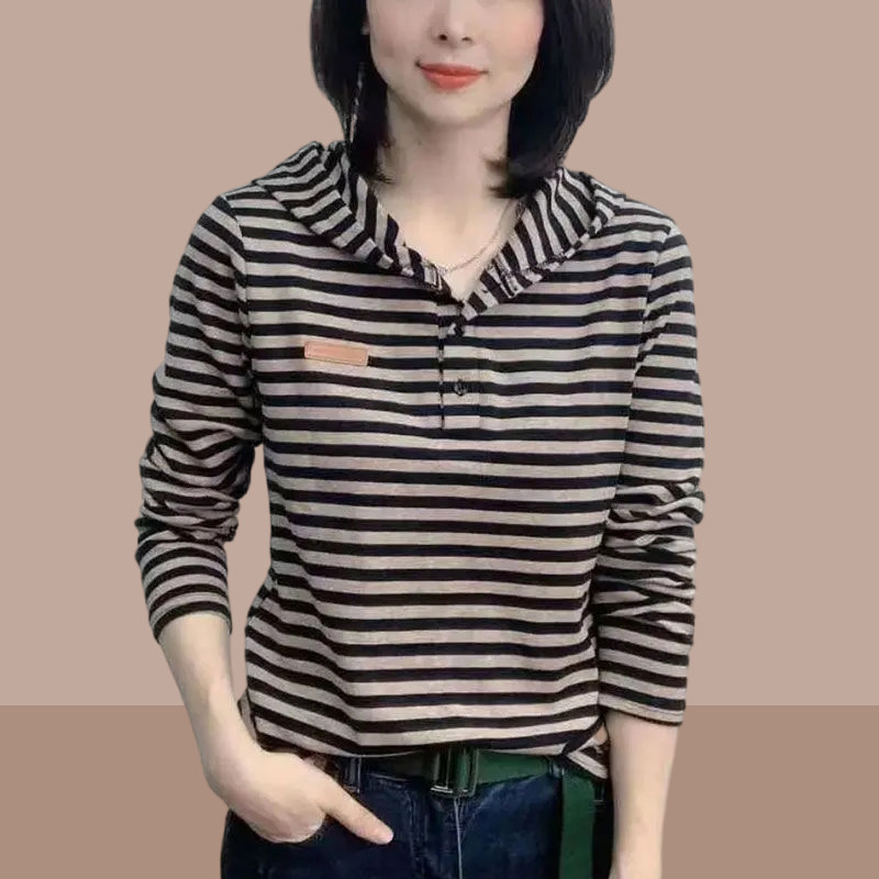 韩国纯色条纹长袖t恤女2025春秋新款休闲百搭连帽短款内搭上衣潮