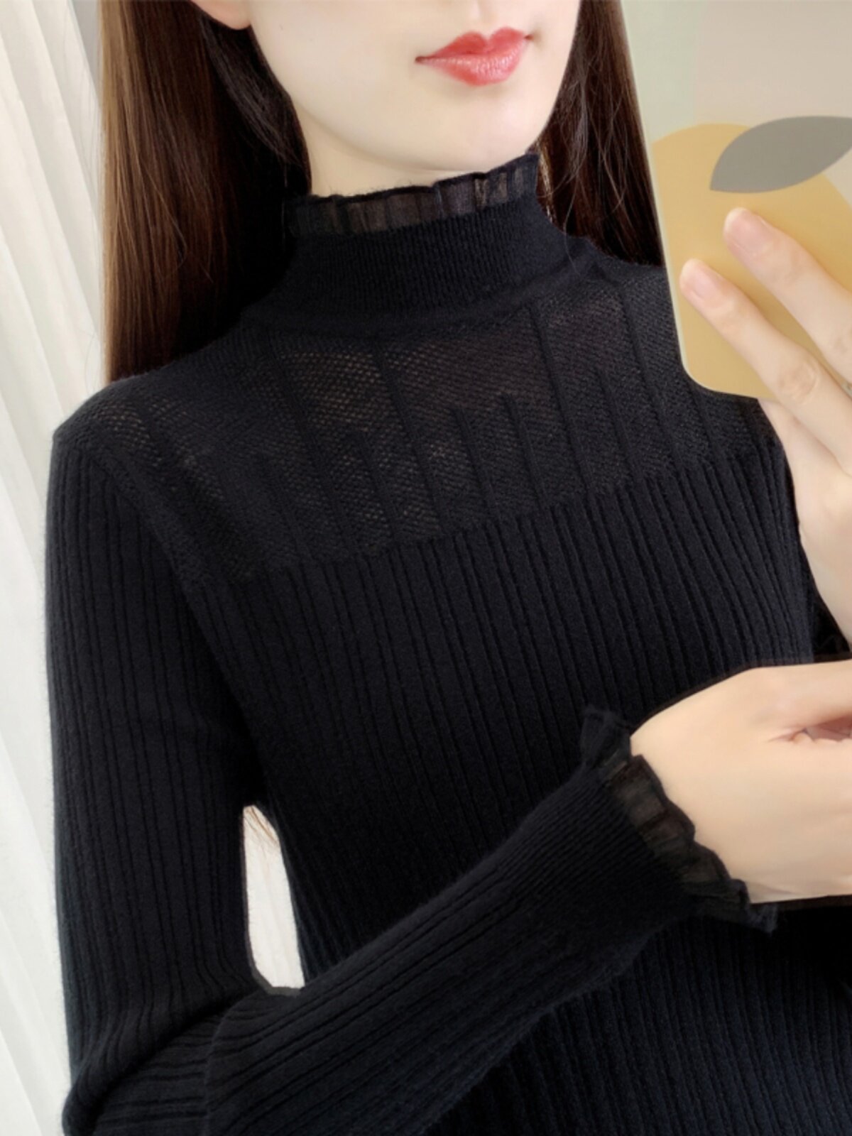 韩国蕾丝边针织衫长袖t恤女2025春秋新款内搭修身百搭半高领上衣