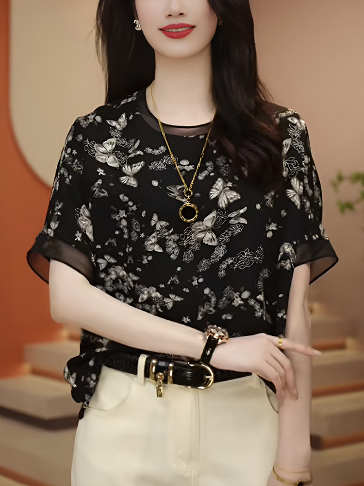 韩国碎花休闲短袖t恤女2025夏季新款洋气时尚显瘦百搭小衫上衣潮