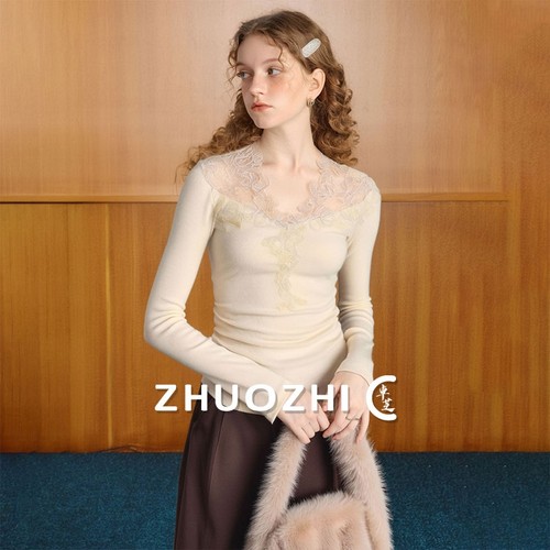 温柔蕾丝v领修身针织衫舒适上衣