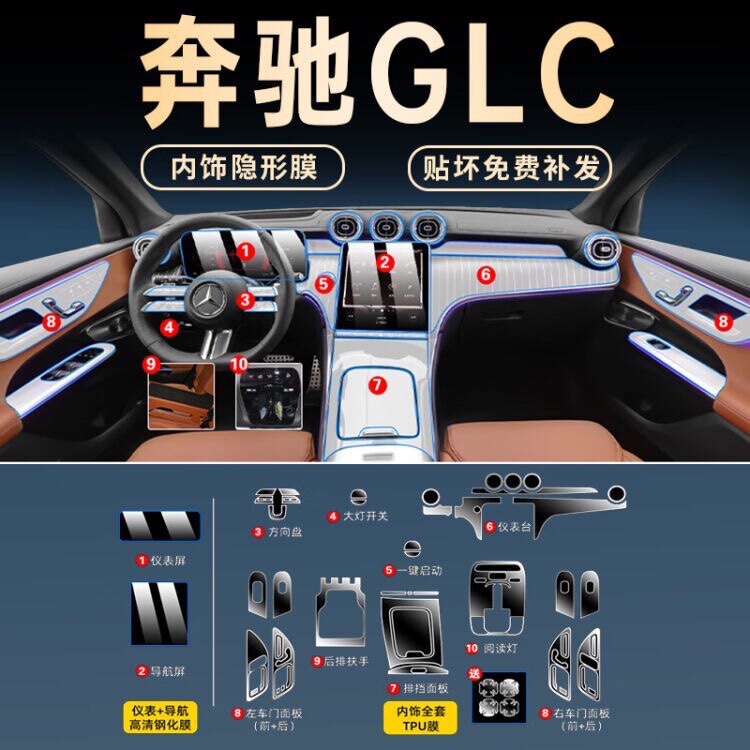 23款奔驰GLC全车TPU内饰贴膜