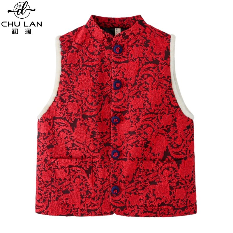 红色复古国风马甲新中式水貂毛夹棉马夹外穿坎肩背心冬季无袖外套